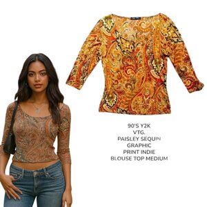 90'S Y2K‎ VINTAGE PAISLEY ALL OVER PRINT SPARKLE INDIE TOP BLOUSE MEDIUM